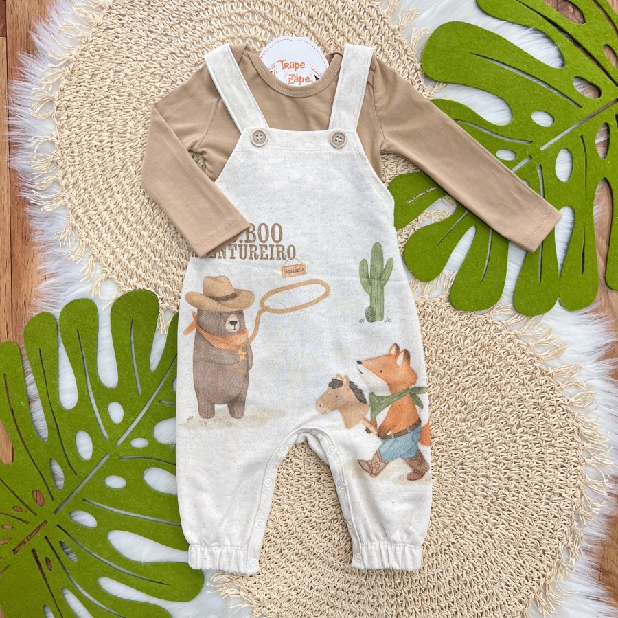 Conj. Body Manga Longa e Jardineira Aventureiro de Moletom em Linho - Areia